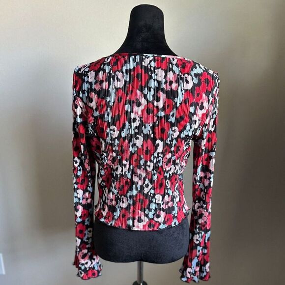 MONKL Women's Cut Plisse Red Floral Print Tie Front Bell Sleeve Cardigan Size S - Picture 3 of 8